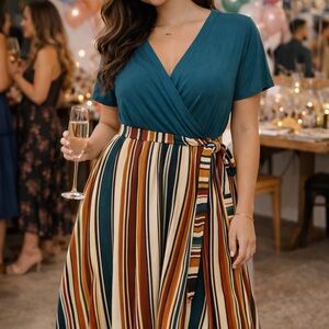 Chris & Carol Teal Wrap Top with Striped Midi Dress